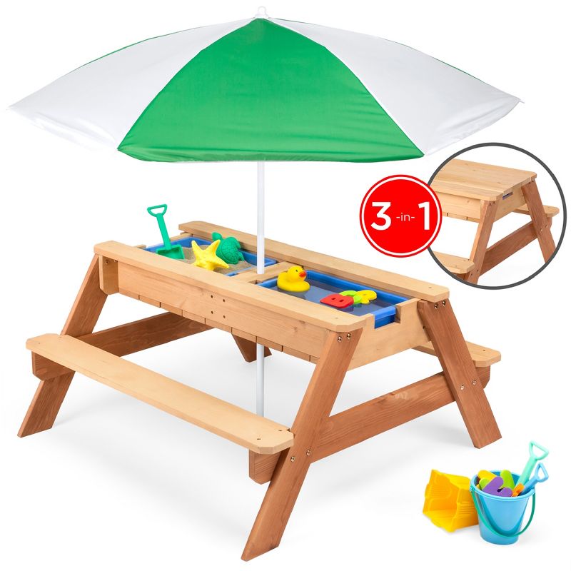 Best Choice Products Kids 3-in-1 Outdoor Convertible Wood Activity Sand & Water Picnic Table w/ Umbrella, 1 of 11