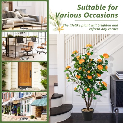 40" Orange Faux Camellia Tree in Black Pot