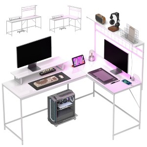 HOMCOM 61.6" L Shaped Desk with Power Outlets & LED Lights, Convertible Computer Desk with Monitor Stand and Computer Shelf for Home Office, White - 1 of 4