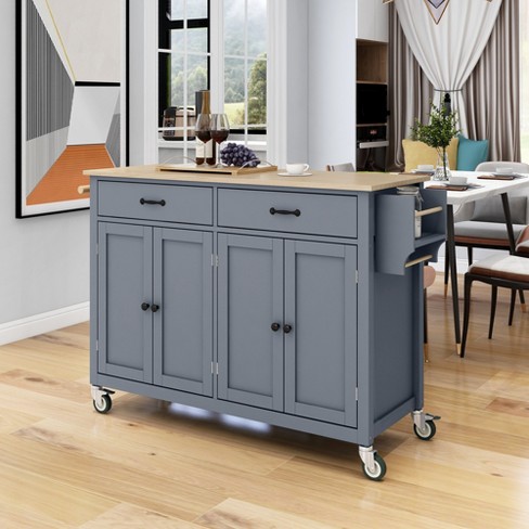 54.3 Inch Width Kitchen Island Cart with Solid Wood Top 4 Door Cabinet Two Drawers Spice Rack and Locking Wheels Gray Blue ModernLuxe