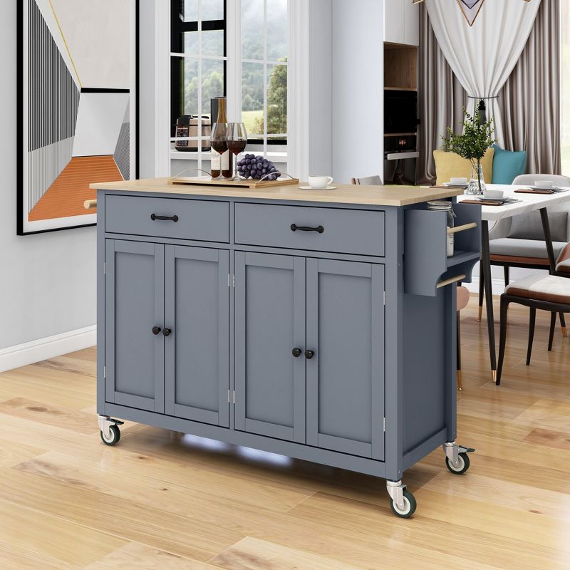 54.3 Inch Width Kitchen Island Cart with Solid Wood Top, 4 Door Cabinet, Two Drawers, Spice Rack and Locking Wheels-ModernLuxe, 1 of 13