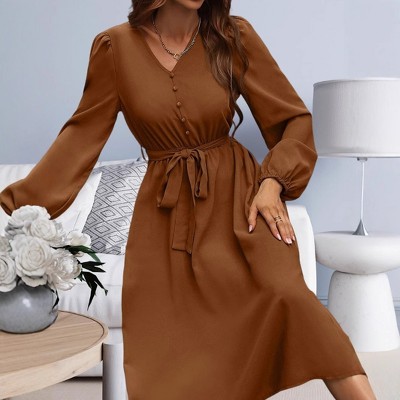 Women's Long Sleeve V-Neck Midi Dresses Flowy A Line Dresses