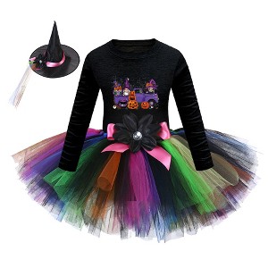 MyKids-USA Arrival Girls’ Halloween Costume: Long Sleeves Cartoon Printed Witches Cosplay Party Tulle Patchwork Dress with Hat Set - 1 of 4