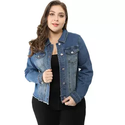 Agnes Orinda Women's Plus Size Washed Button Front Frayed Denim Jacket