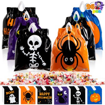 Joyfy 96pcs Halloween Drawstring Candy Bags for Party Favors，6 Designs Halloween Plastic Candy Bags with Kids Trick or Treat,Party Favors Supplies