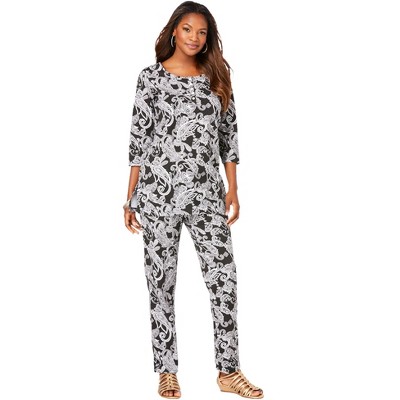 Roaman's Women's Plus Size Printed Three-quarter Sleeve Henley Set : Target