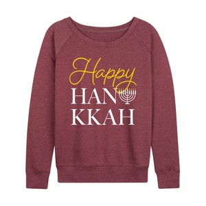 Women's - Instant Message - Happy Hanukkah Lightweight French Terry Wide Neck Long Sleeve Graphic Shirt - 1 of 4
