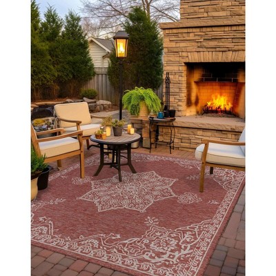 Rust Red and Ivory 12' Square Outdoor Medallion Area Rug