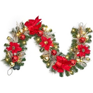 Christmas Garland for Mantle, 6ft Battery Operated Xmas Garland with 20 LED, Timer, Red Gold Balls Velvet Ribbon for Fireplace Stair Railing Decor - 1 of 4