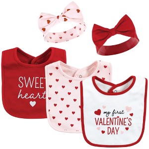 Hudson Baby Infant Girl Cotton Bib and Headband or Caps Set, Valentine Sweetheart, One Size - 1 of 4