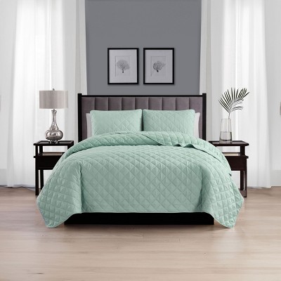 Sage Green Microfiber Diamond Stitched Full Quilt Set