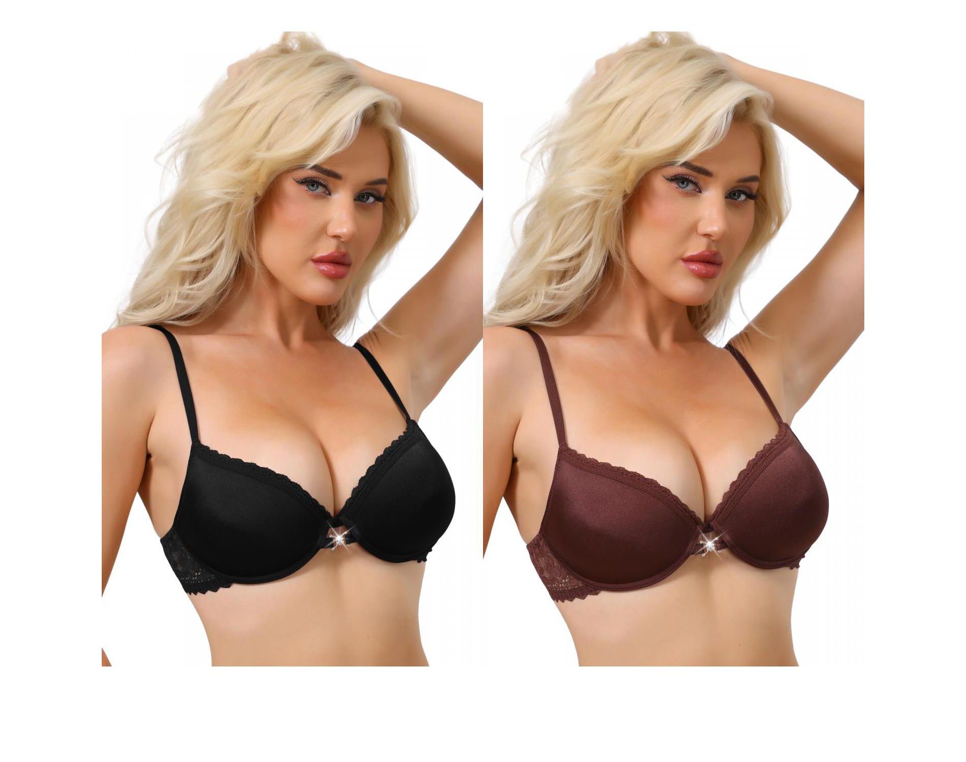 INSPIRE CHIC Women Lace Trim Push Up Plunge Underwire Bralette Cleavage Support Bras with Adjustable Straps 2 Packs 1 Brown+1 Black 38B