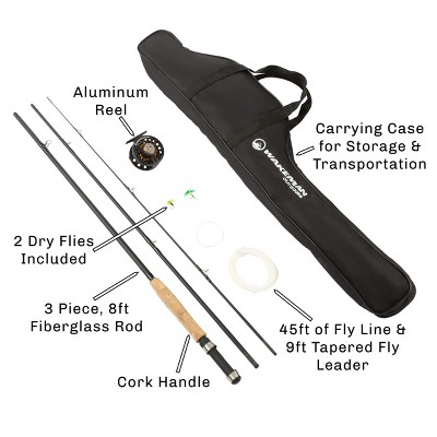 Wakeman Outdoors Fly Fishing Rod And Reel Combo - 3-Piece Collapsible Fiberglass Rod With Cork Handle & Carry Case