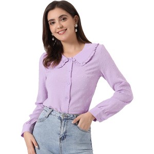 INSPIRE CHIC Women's Swiss Dots Peter Pan Collar Long Sleeve Button Down Shirt - 1 of 4