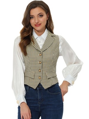 INSPIRE CHIC Women's Plaid Vintage Notched Lapel Collar Single Breasted Waistcoat Vest