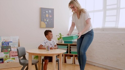 Stackable Green, Blue, and Gray Plastic Lidded Storage Bins for Kids