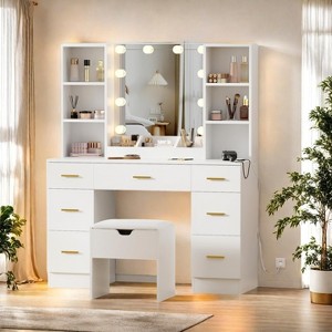 Makeup Vanity Desk with Lighted Mirror, 7 Drawers, Charging Station & Cushioned Storage Stool - 1 of 4