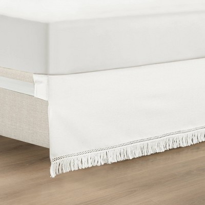 Pure White Queen Cotton Linen Boho Fringe Bed Skirt