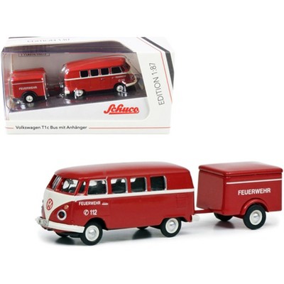 Volkswagen T1c Bus with Trailer Red and Cream "Feuerwehr" (Fire Department) 1/87 (HO) Diecast Models by Schuco