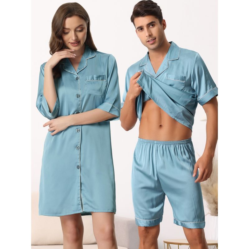 cheibear Men Satin Button Down Pajama Sets Short Sleeve Shirt and Shorts Sleepwear, 2 of 7