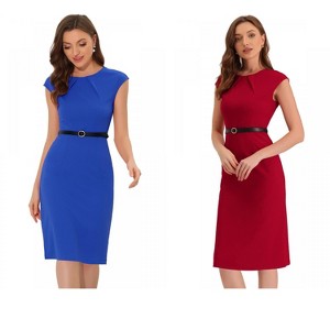 INSPIRE CHIC Women's Elegant Business Round Neck Belted Cap Sleeve Work Sheath Dresses 2 Packs - 1 of 4