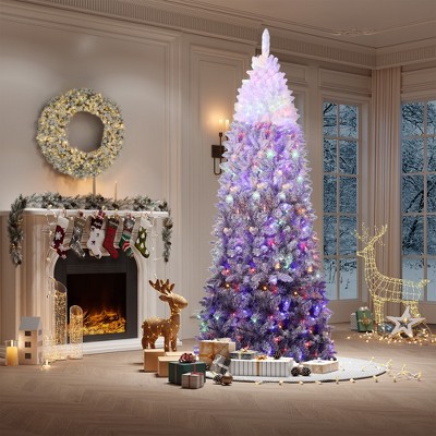 7.5FT Purple Gradient Pencil Christmas Tree – Prelit with 100 Dual Color LEDs,Snow Flocked,320 Branch Tips,Metal Stand