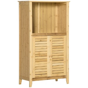 HOMCOM Bamboo Floor Cabinet Bathroom Floor Cabinet Living Room Organizer Tower with Multiple Shelves and Doors, Natural - 1 of 4