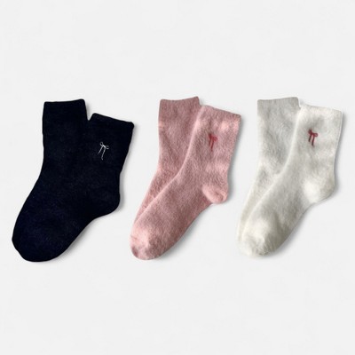 Anna-Kaci Women's 3-Pack Fuzzy Crew Socks with Embroidered Bow Detail Soft Cozy Lounge Sock Set