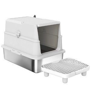 HTUTWOO Enclosed Cat Litter Box, Extra Large Stainless Steel Litter Pan with Flip Cover and Scoop, Easy Clean & Non-Sticky for Big Cats and Kittens - 1 of 4