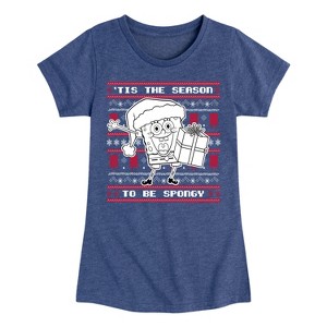Girls' - SpongeBob SquarePants - Spongebob Xmas Sweater Fitted Short Sleeve Graphic T-Shirt - 1 of 4