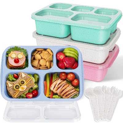 LunaLulinlk Reusable Wheat Lunch Box with 5 Compartments, 4 Pack Snack Box with Clear Lid