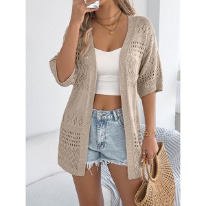 Womens Crochet Cardigan Short Sleeve Open Front Lightweight Casual Sweater Caridgan - 1 of 4