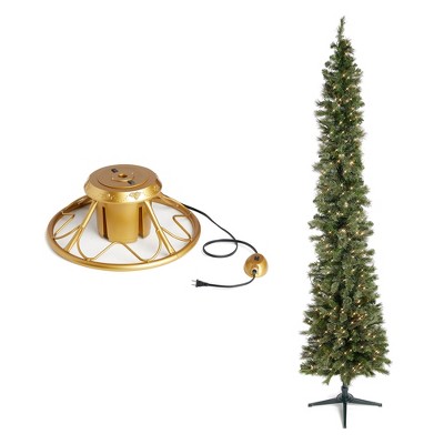 Home Heritage 1-1.75" Christmas Tree Base Rotating Metal Stand with Stanley 9' Skinny Pencil 500 Pre-Lit White Clear Lights Artificial Christmas Tree