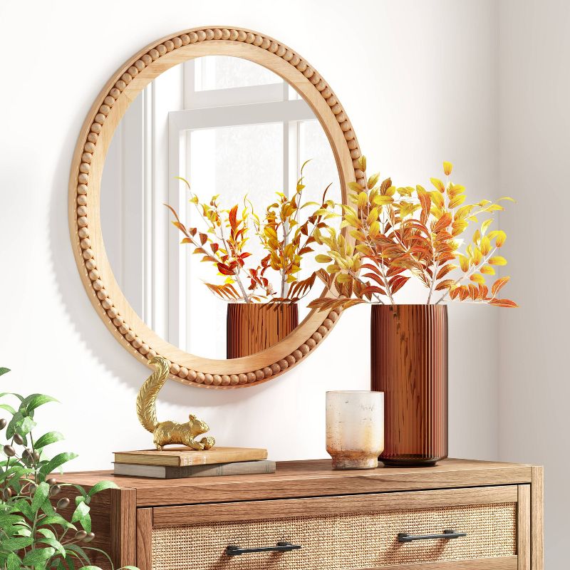 28&#34; Dia Round Wooden Beaded Wall Mirror Natural - Threshold&#8482;, 3 of 10
