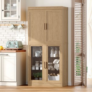 Wooakway 67"H Kitchen Pantry Storage Cabinet with Glass Door and Shelves in Black - 1 of 4