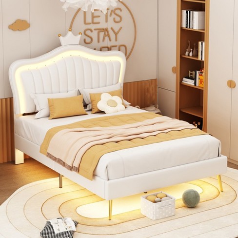 Full Size Bed Frame with LED Lights Modern Full Size Upholstered Princess Bed with Crown Headboard for Girls White