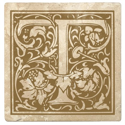 Christmas by Krebs Set of 4 Ivory and Harvest Gold Alphabet "T" Square Monogram Coasters 4"