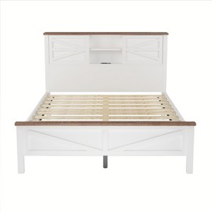Bellemave Queen Bed Frame with Headboard, Sliding Barn Doors, Storage Shelves, Charging Station, AC Outlets & USB Ports, White+Brown - 1 of 4