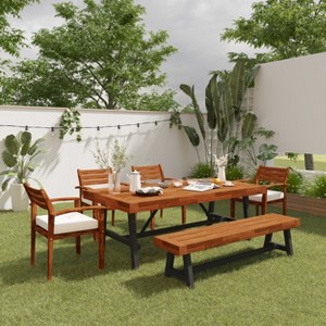 Whisen Outdoor Wood Dining Set, Outdoor Dining Furniture With Removable Cushions, Ergonomic Chairs And Bench - 1 of 4