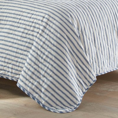 Ivory and Blue Striped Cotton Twin Quilt Set
