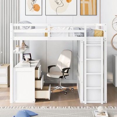 Okak Full Size Wood Bunk Bed with Built-in Wardrobe, Storage Drawers, Loft Bunk Bed with Desk for Teens, Easy Assemble, White