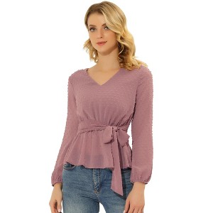 Allegra K Women's Swiss Dots V Neck Long Sleeve Tie Waist Peplum Shirt - 1 of 4
