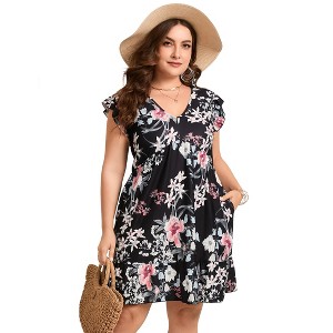 Plus Size V-Neck Flutter Sleeve Boho Print High Waist Dress with Pocket - 1 of 4