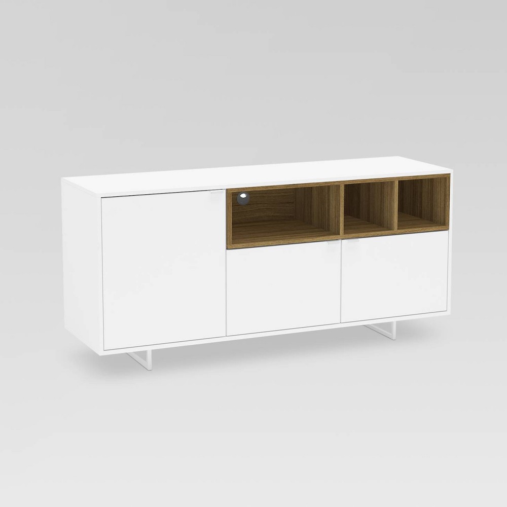 Polifurniture Honolulu TV Stand for TVs up to 60" White/Walnut: Modern Media Console with Doors, Particle Board Frame