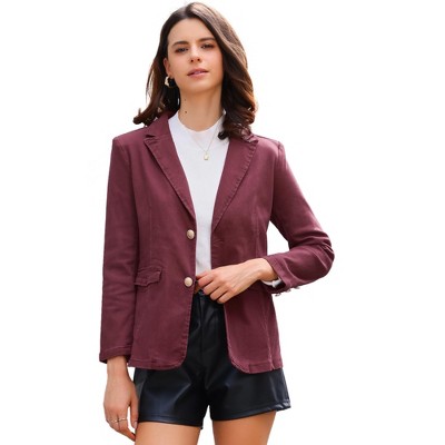 Allegra K Women's Notched Lapel Denim Single Breasted Shoulder Pad Business Casual Blazer
