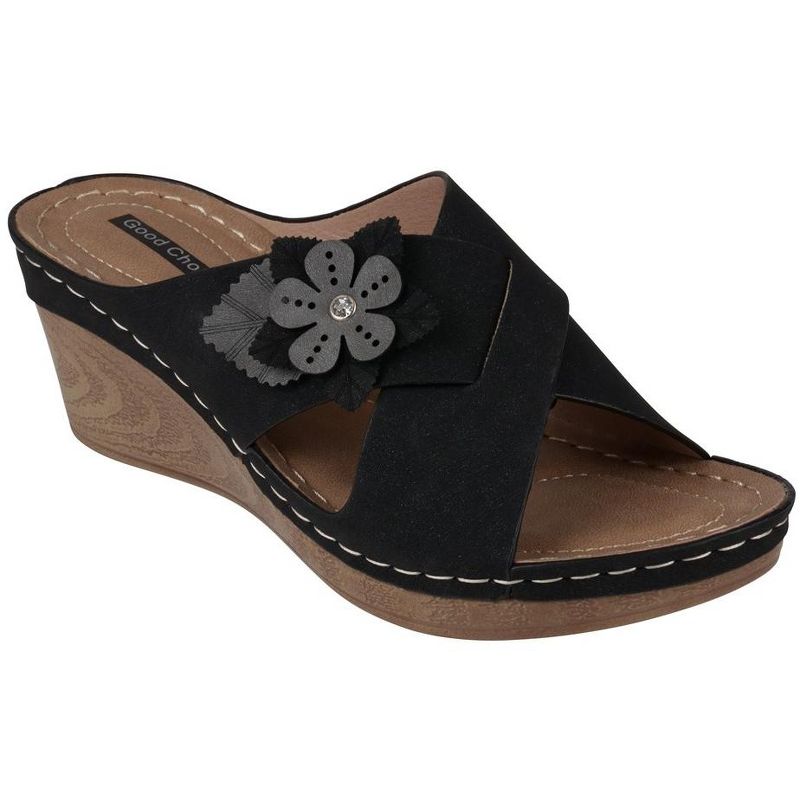 GC Shoes Selly Cross-Strap Flower Comfort Slide Wedge Sandals, 1 of 6