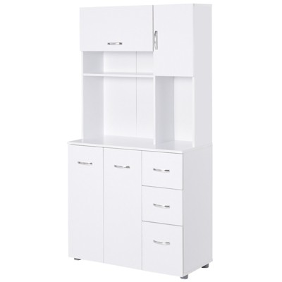 HOMCOM 66" Wood Kitchen Pantry with 2 Large Cabinets 1 Pull Up Cabinet 3 Drawers & Wide Countertop White
