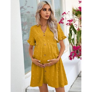 Womens Maternity Dress V Neck Lantern Sleeve Jacquard Dot Pocket Babydoll Baby Shower Dress - 1 of 4