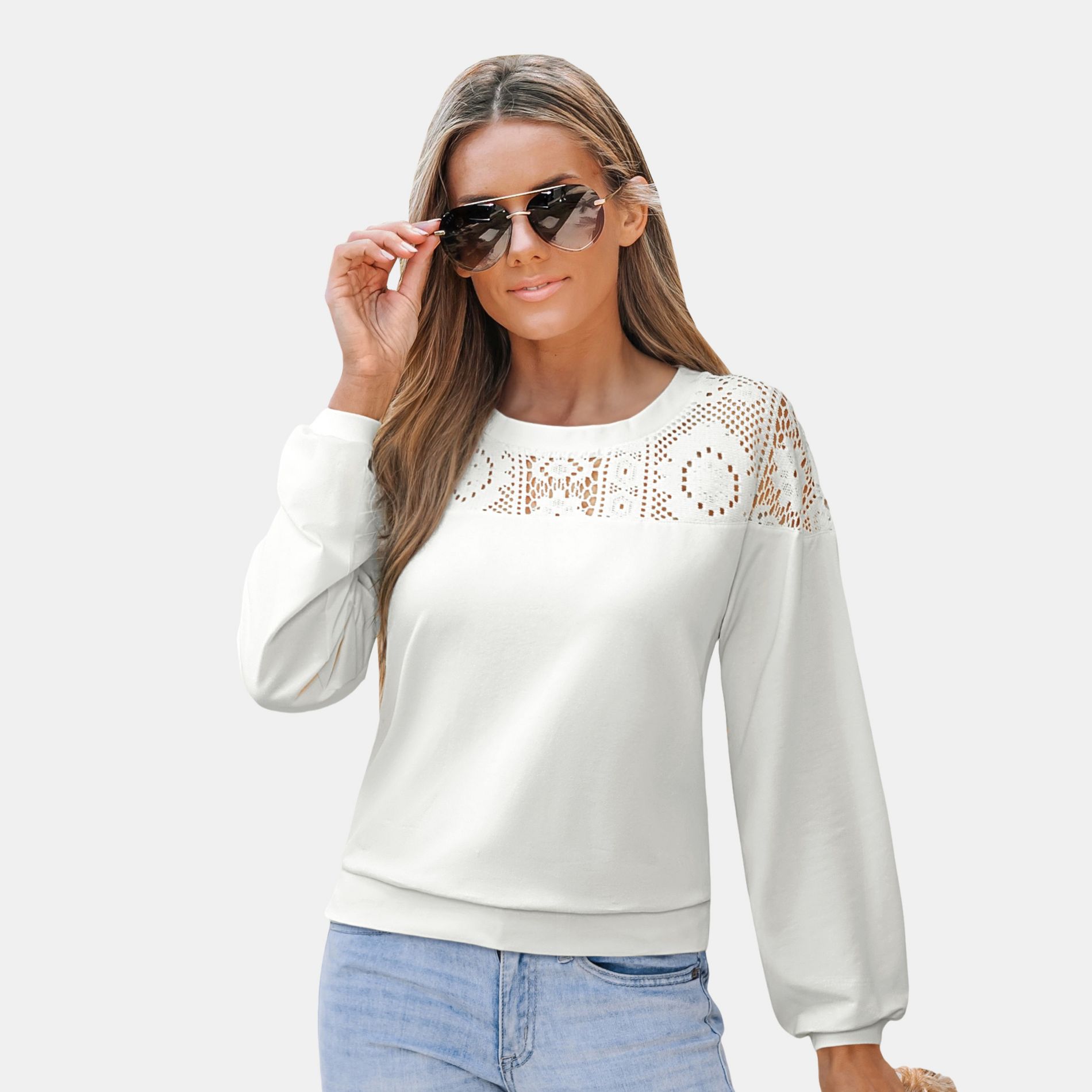 Women's Elegant White Crewneck Top with Lace Cutout - Cupshe-S-White