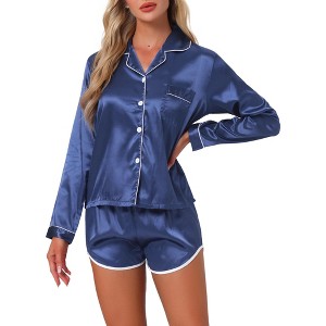INSPIRE CHIC Women's Satin Long Sleeve Button Down Top and Shorts Silky Pajamas Set - 1 of 4